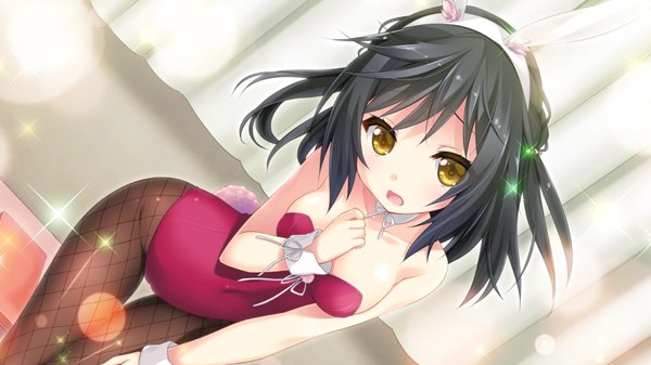 Anime picture 1280x720 with natsu uso -ahead of the reminiscence- campus (studio) izumi aoi riichu single long hair looking at viewer breasts open mouth light erotic black hair wide image large breasts animal ears yellow eyes game cg tail animal tail from above sparkle