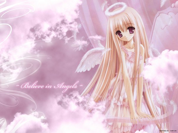 Anime picture 1024x768 with tinker bell single long hair looking at viewer fringe blonde hair red eyes signed payot sky cloud (clouds) head tilt sunlight loli pink background angel wings third-party edit angel girl dress