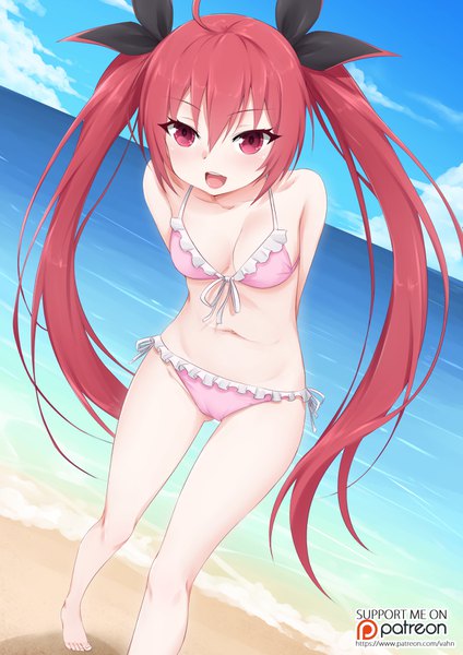 Anime picture 1157x1637 with date a live itsuka kotori vahn yourdoom single long hair tall image breasts light erotic twintails ahoge red hair pink eyes leaning dutch angle beach hands behind back horizon girl ribbon (ribbons) swimsuit