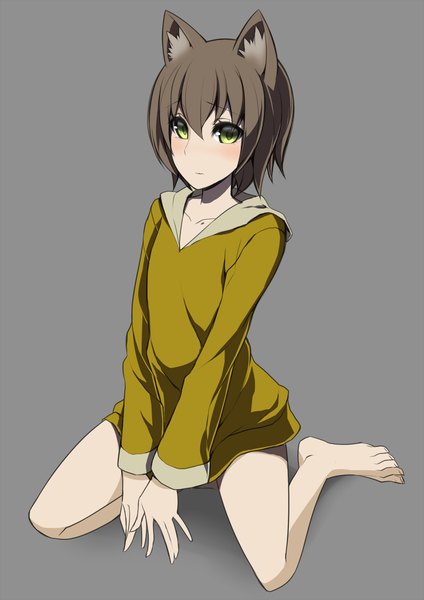 Anime picture 867x1227 with unlight sigma99 single tall image looking at viewer blush short hair simple background brown hair sitting green eyes animal ears grey background wariza girl