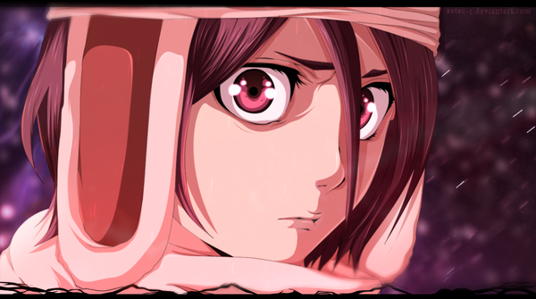 Anime picture 1200x671 with bleach studio pierrot kuchiki rukia zetsu-c single short hair brown hair wide image pink eyes coloring snowing letterboxed close-up girl winter clothes earflapped fur hat