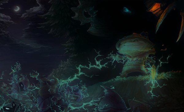 Anime picture 1920x1177 with league of legends teemo (league of legends) rengar (league of legends) tagme (artist) highres blue eyes wide image yellow eyes sky cloud (clouds) heterochromia crescent lightning hat tree (trees) glasses forest goggles monster claws