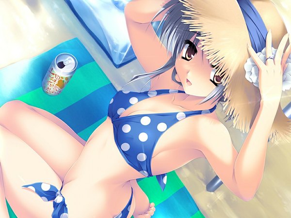 Anime picture 1024x768 with sakura bitmap (game) muroto kanae light erotic brown eyes game cg white hair beach girl swimsuit bikini polka dot bikini