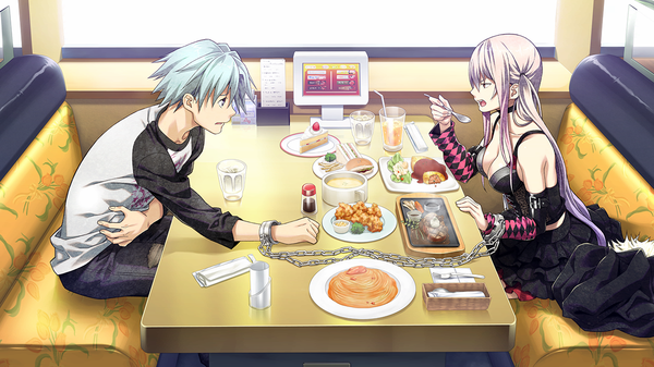 Anime picture 1280x720 with disorder 6 joe (disorder 6) shiina (disorder 6) long hair short hair open mouth red eyes wide image blue hair pink hair game cg eating girl dress boy detached sleeves food chain handcuffs