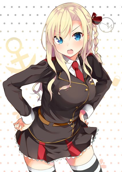 Anime picture 637x900 with high school fleet wilhelmina braunschweig ingenohl friedeburg sasahara wakaba single long hair tall image blush fringe breasts open mouth blue eyes blonde hair hair between eyes braid (braids) pleated skirt :o leaning zettai ryouiki leaning forward single braid