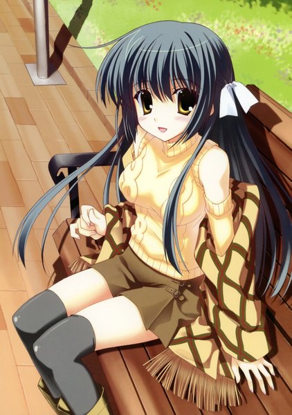 Anime picture 2438x3470 with nanao naru long hair tall image highres black hair yellow eyes girl bench