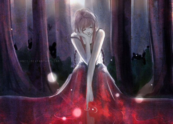 Anime picture 1653x1186 with original hnci single long hair open mouth sitting bare shoulders pink hair braid (braids) eyes closed tears twin braids reflection crying girl dress plant (plants) tree (trees) water
