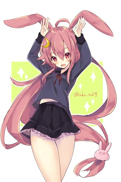 Anime picture 600x900 with kantai collection uzuki destroyer sakofu single tall image blush fringe open mouth hair between eyes white background signed animal ears pink hair ahoge very long hair pink eyes arms up bare belly bunny ears looking up