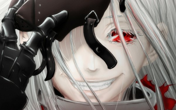 Anime picture 1680x1050 with deadman wonderland shiro (deadman wonderland) tagme (artist) single long hair looking at viewer blonde hair smile red eyes wide image white background white hair wallpaper grin face hand on face girl mask