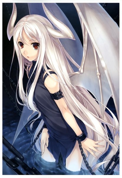 Anime picture 3236x4686 with megami magazine megami creators hagure keg single tall image looking at viewer highres open mouth red eyes bare shoulders absurdres white hair very long hair horn (horns) bare legs partially submerged demon wings hands on hips girl shirt