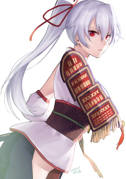 Anime picture 800x1131 with fate (series) fate/grand order tomoe gozen (fate) shoukaki (earthean) single long hair tall image looking at viewer fringe simple background hair between eyes red eyes standing white background holding silver hair ponytail traditional clothes japanese clothes dated
