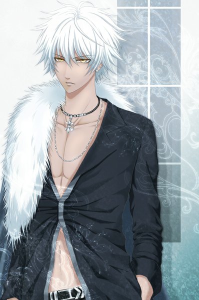 Anime picture 598x900 with wand of fortune idea factory bilal faranbald maron single tall image short hair standing yellow eyes white hair hand in pocket partially open clothes boy navel choker belt pendant fur