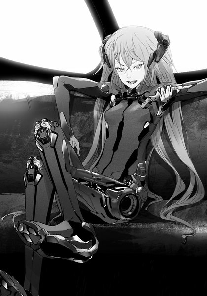 Anime picture 700x1000 with beatless method redjuice single long hair tall image fringe open mouth sitting crossed legs monochrome pointing girl bodysuit android