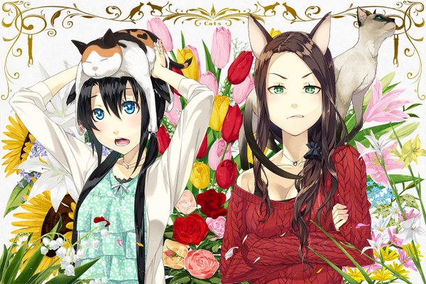 Anime picture 1350x900 with original kimura (ykimu) long hair looking at viewer blush fringe open mouth blue eyes black hair hair between eyes multiple girls green eyes animal ears cat ears cat girl crossed arms framed floral background animal on head cat on head