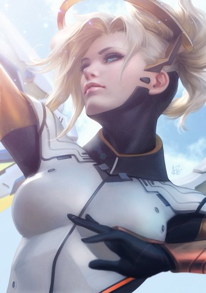 Anime picture 913x1300 with overwatch blizzard entertainment mercy (overwatch) artgerm (stanley lau) single tall image blush short hair blue eyes blonde hair signed looking away sky cloud (clouds) upper body ponytail parted lips realistic lipstick outstretched arm