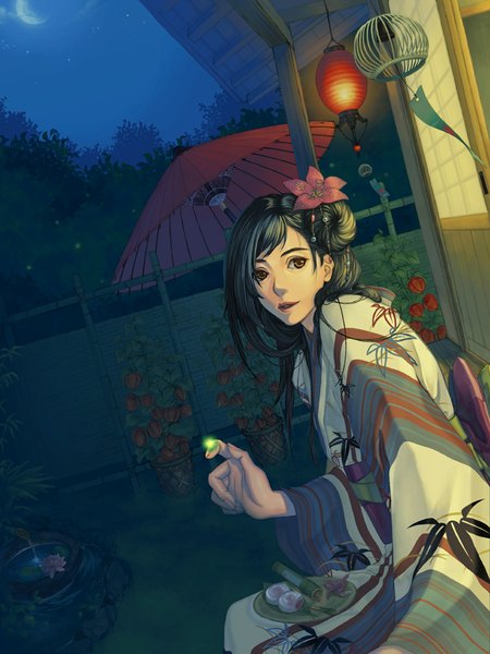 Anime picture 768x1024 with original shuka (artist) long hair tall image fringe black hair sitting brown eyes looking away sky traditional clothes hair flower night glow crescent traditional media girl hair ornament flower (flowers) plant (plants)
