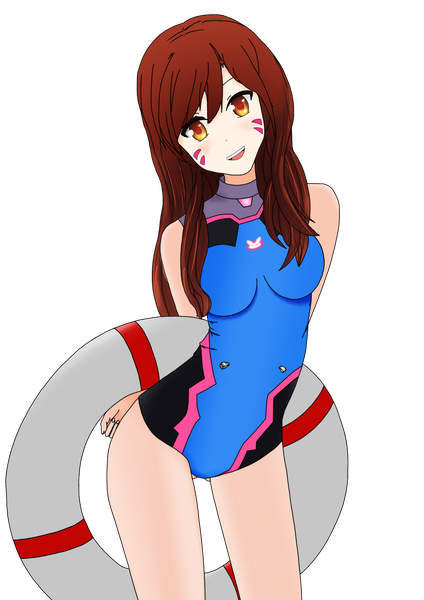 Anime picture 1414x2000 with overwatch blizzard entertainment d.va (overwatch) shugo19 single long hair tall image looking at viewer fringe breasts light erotic smile brown hair midriff facial mark ass visible through thighs pink background transparent background whisker markings face paint