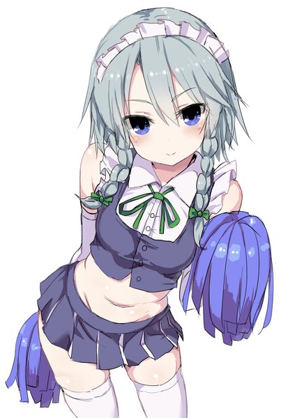 Anime picture 1377x2000 with touhou izayoi sakuya greatmosu single long hair tall image looking at viewer blush blue eyes simple background smile white background bare shoulders braid (braids) pleated skirt grey hair bare belly maid leaning leaning forward