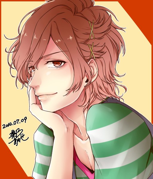 Anime picture 889x1040 with brothers conflict idea factory asahina futo kuwa ayase single tall image short hair smile brown hair brown eyes looking away arm support dated portrait striped boy x hair ornament