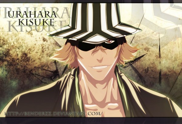 Anime picture 1200x815 with bleach studio pierrot urahara kisuke benderzz single short hair blonde hair smile japanese clothes inscription orange eyes coloring portrait boy hat kimono