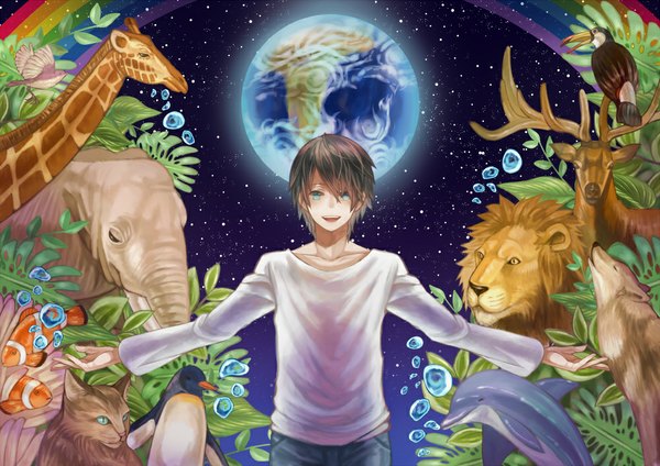 Anime picture 1000x707 with original conoco looking at viewer fringe short hair open mouth brown hair horn (horns) aqua eyes hair over one eye spread arms boy plant (plants) animal bird (birds) cat bubble (bubbles) fish (fishes) rainbow wolf