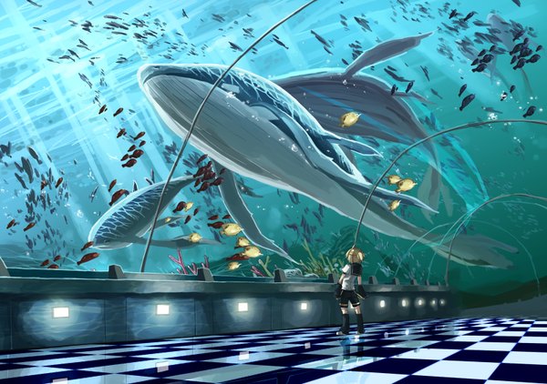 Anime picture 1600x1126 with vocaloid kagamine len single short hair blonde hair sunlight back looking up checkered floor thighhighs boy uniform plant (plants) school uniform animal water boots fingerless gloves fish (fishes) whale