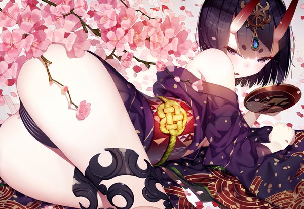 Anime picture 1680x1155 with fate (series) fate/grand order shuten douji (fate) atha (leejuiping) single blush fringe short hair light erotic purple eyes purple hair ass traditional clothes japanese clothes looking back horn (horns) off shoulder cherry blossoms eyebrows oni horns