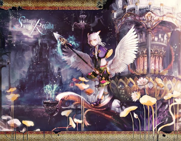 Anime picture 1282x1002 with original pixiv fantasia pixiv fantasia sword regalia chibi (shimon) long hair open mouth yellow eyes white hair pointy ears inscription angel wings navel flower (flowers) weapon plant (plants) wings hairband building (buildings) cape feather (feathers)