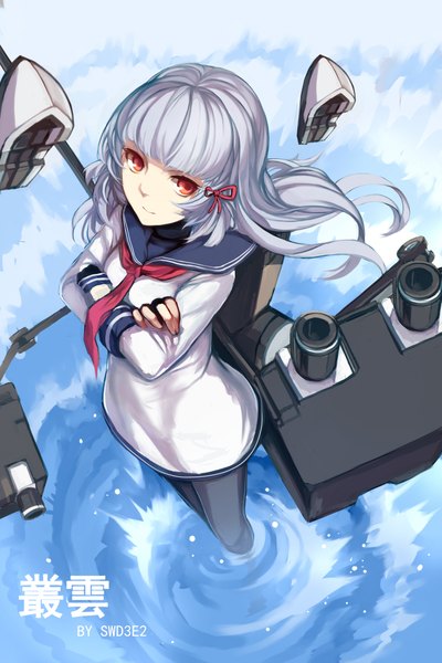 Anime picture 1417x2125 with kantai collection murakumo destroyer swd3e2 single long hair tall image looking at viewer red eyes white hair from above wind partially submerged crossed arms tress ribbon girl gloves ribbon (ribbons) weapon hair ribbon water