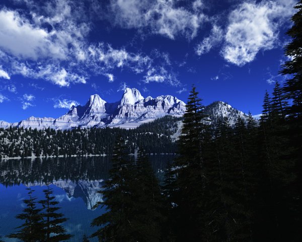 Anime picture 1500x1200 with original trbrchdm sky cloud (clouds) reflection snow mountain no people landscape detailed plant (plants) tree (trees) water