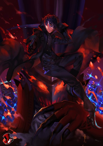 Anime picture 709x1000 with persona 5 persona amamiya ren arsene (persona 5) alphonse (white datura) tall image looking at viewer fringe short hair black hair smile red eyes sitting holding full body long sleeves parted lips high heels outstretched arm city