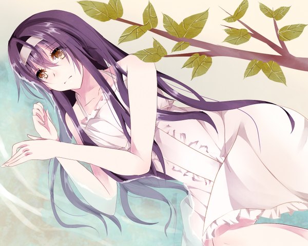 Anime picture 1500x1200 with original rinarisa single long hair bare shoulders brown eyes purple hair lying girl dress water hairband leaf (leaves) sundress