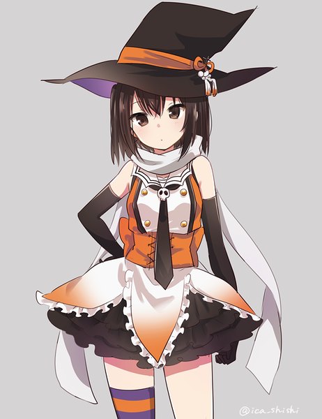 Anime picture 700x908 with kantai collection sendai light cruiser ica single tall image looking at viewer fringe short hair black hair simple background hair between eyes signed head tilt black eyes grey background two side up hand on hip halloween witch remodel (kantai collection)