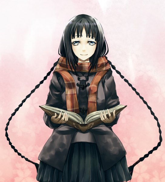 Anime picture 2268x2500 with bungaku shoujo amano tooko litlicha (pixiv) single tall image highres blue eyes black hair simple background smile braid (braids) very long hair twin braids girl skirt scarf book (books)