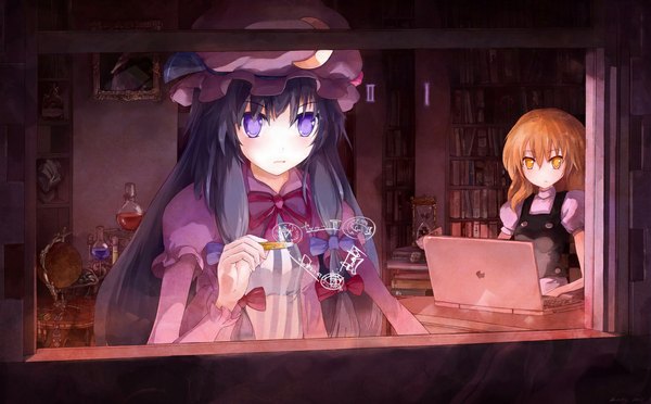 Anime picture 1135x705 with touhou kirisame marisa patchouli knowledge arctic (artist) long hair blonde hair wide image purple eyes multiple girls yellow eyes purple hair magic girl 2 girls bonnet clock picture laptop hourglass