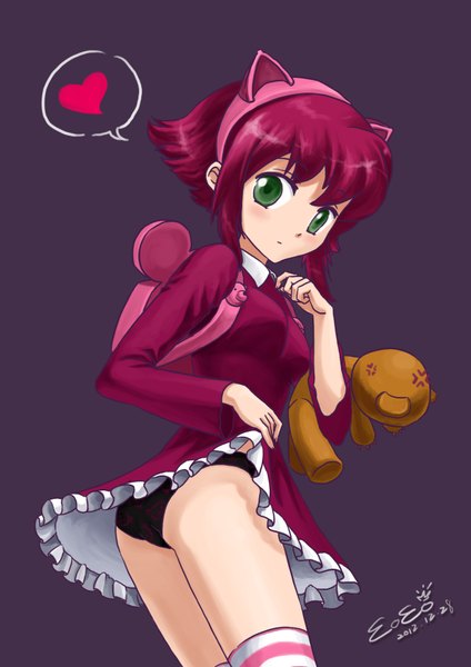 Anime picture 1240x1754 with league of legends annie (league of legends) tibbers (league of legends) tall image blush short hair light erotic green eyes pink hair pantyshot girl thighhighs underwear panties black panties toy stuffed animal striped thighhighs backpack bear