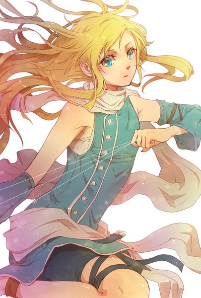 Anime picture 1181x1748 with original senano-yu single long hair tall image blue eyes simple background blonde hair white background bare shoulders bent knee (knees) very long hair aqua eyes wind thief detached sleeves scarf thread