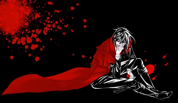 Anime picture 1830x1062 with hellsing alucard (hellsing) bakusyuu single long hair highres black hair red eyes wide image sitting black background hand on face boy gloves weapon white gloves gun blood cloak knee boots