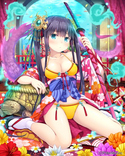 Anime picture 1920x2400 with unmei no clan battle namaru (summer dandy) single tall image looking at viewer blush highres breasts blue eyes light erotic black hair smile twintails very long hair official art girl hair ornament flower (flowers) weapon swimsuit