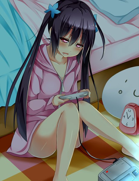 Anime picture 771x1000 with original yahiro (anhnw) single tall image blush breasts open mouth black hair red eyes sitting twintails holding very long hair pink eyes barefoot bare legs flat chest saliva checkered floor knees together feet apart