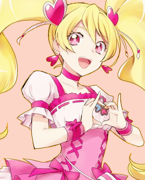 Anime picture 758x942 with precure fresh precure! toei animation momozono love cure peach kurochiroko single long hair tall image looking at viewer open mouth simple background blonde hair twintails pink eyes pink background magical girl heart hands girl hair ornament