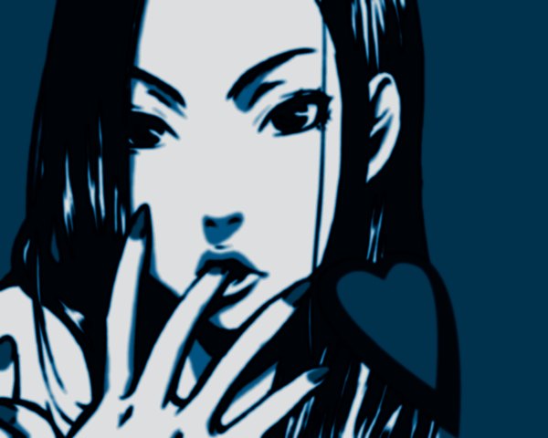 Anime picture 1280x1024 with single long hair looking at viewer monochrome third-party edit finger in mouth girl heart