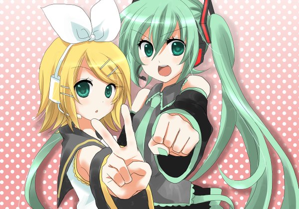 Anime picture 2523x1769 with vocaloid hatsune miku kagamine rin highres open mouth blonde hair twintails multiple girls green eyes green hair victory girl bow 2 girls hair bow detached sleeves headphones