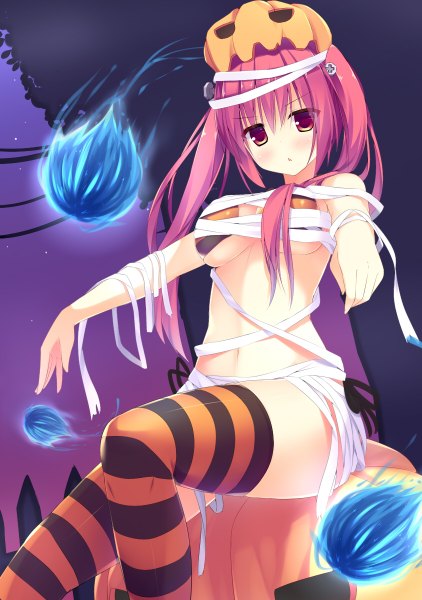 Anime picture 844x1200 with original megarisu single long hair tall image breasts light erotic red eyes large breasts sitting twintails red hair night bare belly outstretched arm halloween ghost girl thighhighs navel