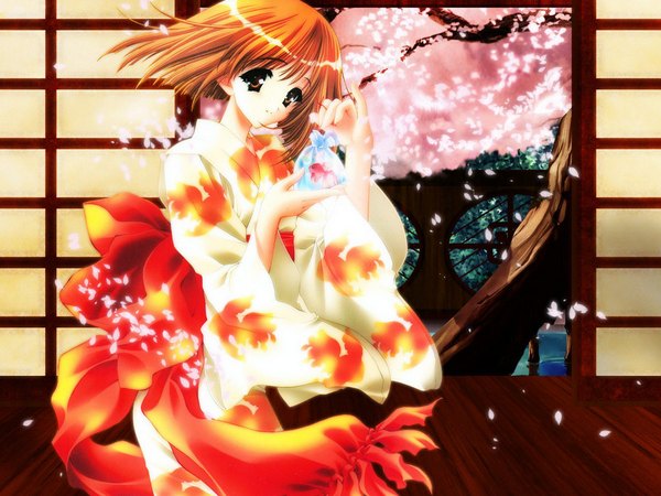 Anime picture 1152x864 with original carnelian chichiri1907 single looking at viewer short hair brown eyes traditional clothes japanese clothes orange hair cherry blossoms third-party edit animal print fish print girl animal petals kimono fish (fishes) yukata