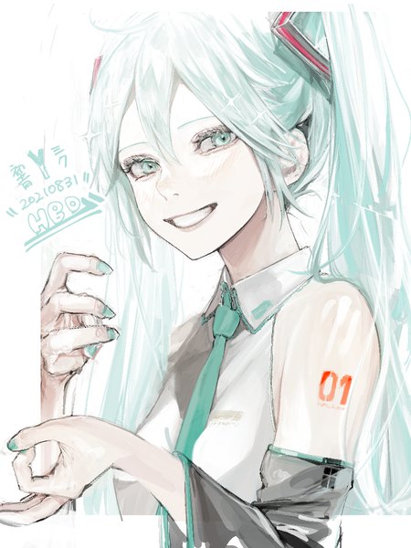 Anime picture 768x1024 with vocaloid hatsune miku hegi anna single long hair tall image looking at viewer smile twintails upper body nail polish aqua eyes aqua hair grin dated happy birthday aqua nail polish girl detached sleeves necktie