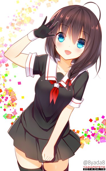 Anime picture 700x1132 with kantai collection shigure destroyer yadapot single long hair tall image looking at viewer blush blue eyes brown hair ahoge braid (braids) single braid salute girl skirt gloves miniskirt black gloves sailor suit