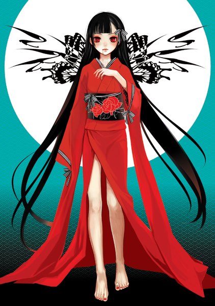 Anime picture 1039x1476 with original yamimomo single long hair tall image black hair red eyes very long hair nail polish japanese clothes barefoot lips inscription girl bow hair bow kimono blood obi