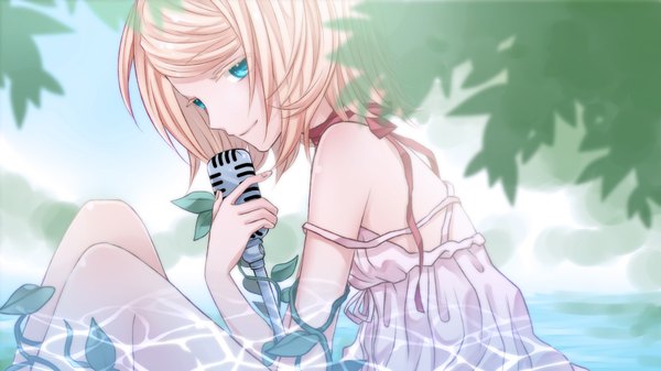 Anime picture 1920x1080 with vocaloid kagamine rin yayoi (egoistic realism) single highres short hair blue eyes blonde hair wide image girl leaf (leaves) sundress microphone