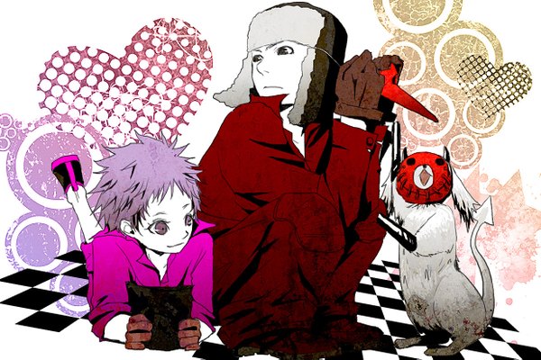 Anime picture 1240x827 with dorohedoro mappa ebisu (dorohedoro) kikurage (dorohedoro) fujita (dorohedoro) rikka (artist) short hair sitting purple eyes purple hair lying black eyes checkered floor checkered gloves hat animal heart mask dog